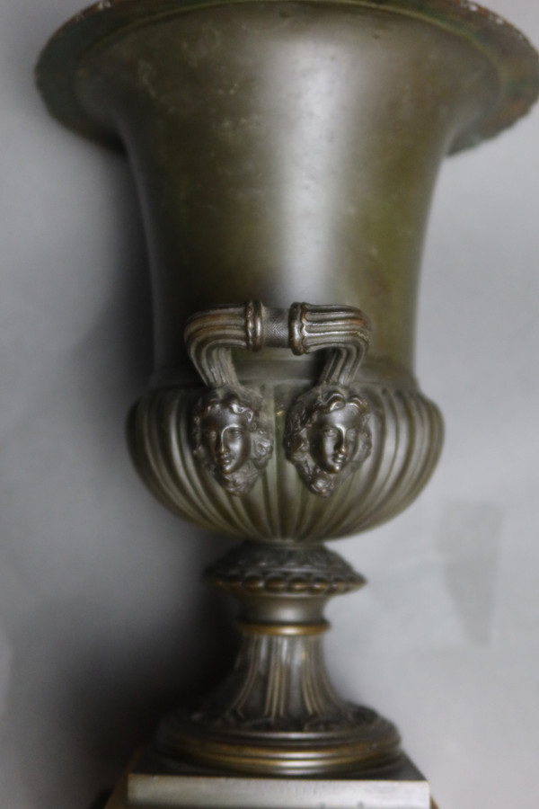 Siena marble clock and bronze cassolettes