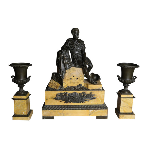 Siena marble clock and bronze cassolettes