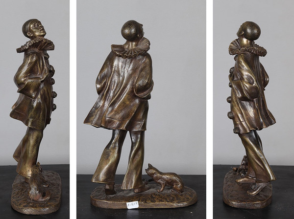 Bronzo inizi del XX secolo, 30 cm, firmato: Robert BOUSQUET 1894/1917, Pierrot e il suo gatto