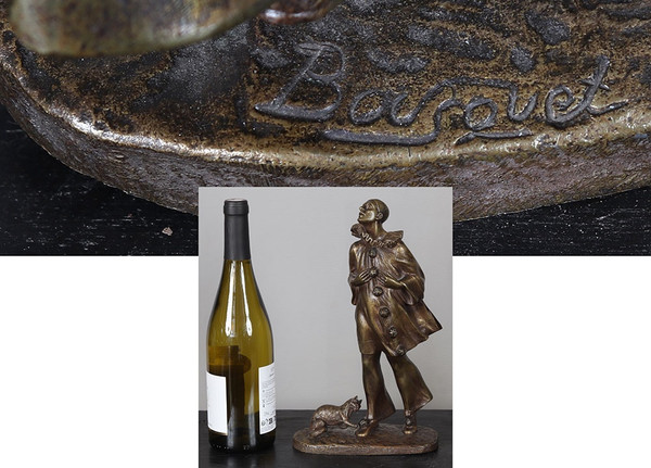 Bronzo inizi del XX secolo, 30 cm, firmato: Robert BOUSQUET 1894/1917, Pierrot e il suo gatto