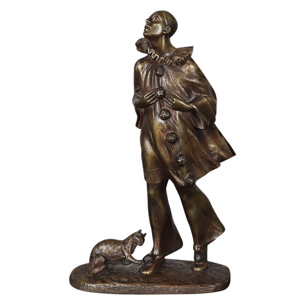 Bronzo inizi del XX secolo, 30 cm, firmato: Robert BOUSQUET 1894/1917, Pierrot e il suo gatto