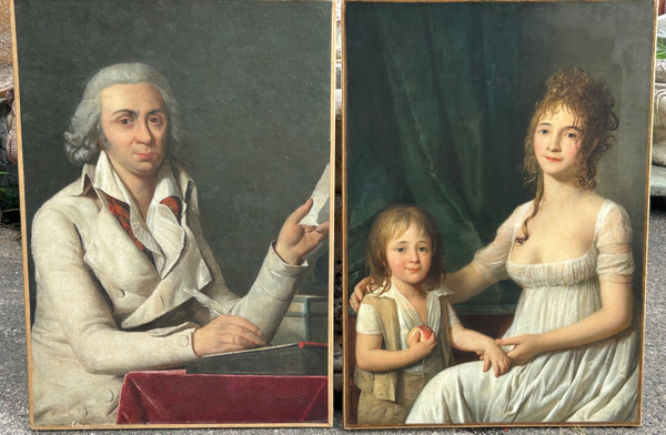 Ritratto - Coppia Di Ritratti Di Coppia E Bambino Del Periodo Direttorio O Impero H 92 Cm
