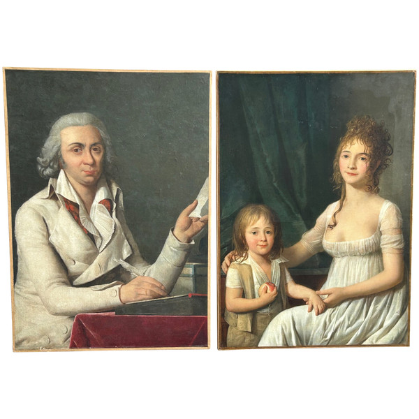 Ritratto - Coppia Di Ritratti Di Coppia E Bambino Del Periodo Direttorio O Impero H 92 Cm
