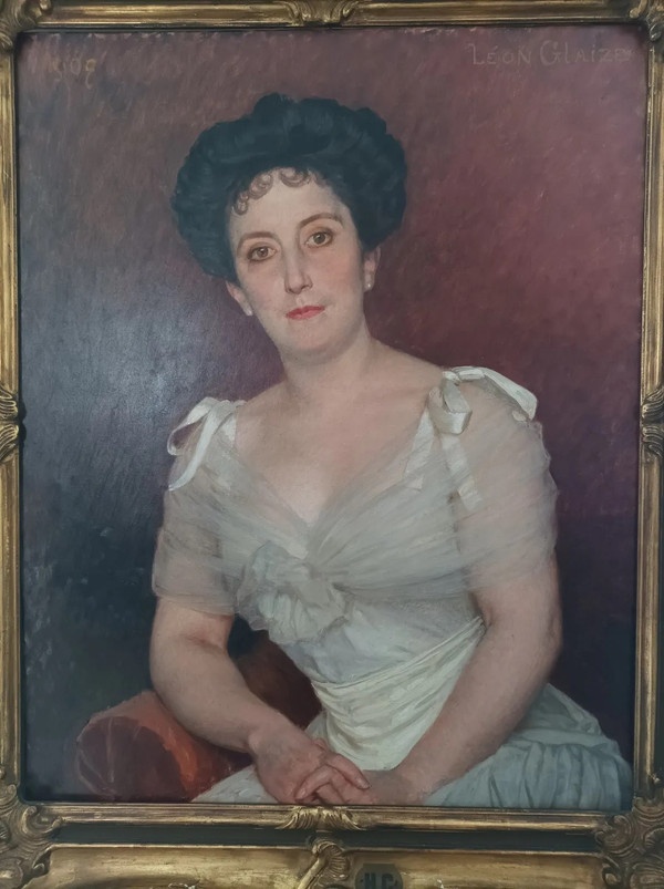 Léon Glaize (1842-1931) Großes Gemälde Öl auf Leinwand Porträt einer Frau 1902