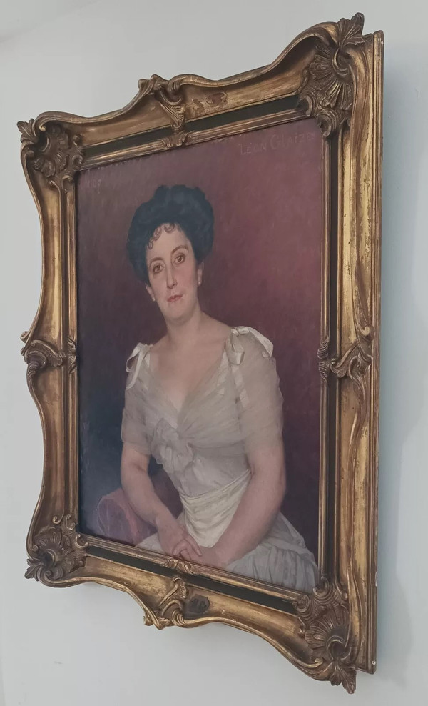 Léon Glaize (1842-1931) Großes Gemälde Öl auf Leinwand Porträt einer Frau 1902