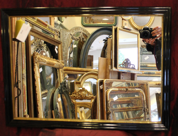 50 x 70 cm Rectangular mirror, black lacquered wood, gold trim, Napoleon III