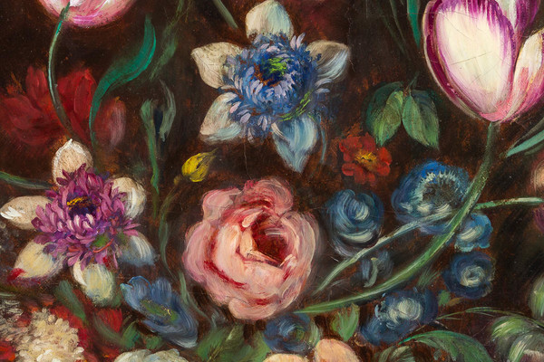Scuola francese, Mazzo di tulipani, rose e frutti su trabeazione olio su tela del periodo Nap
