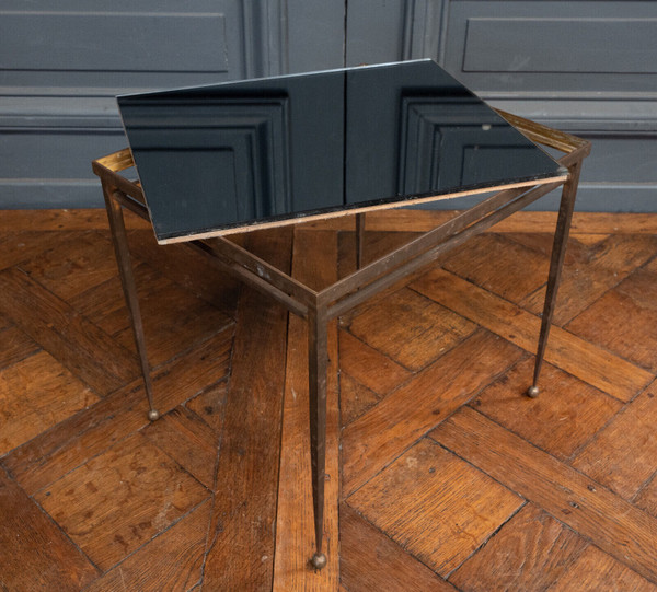 Beistelltisch am Ende des Sofas, 1960, goldfarbene Metall-Kugelfüße aus Rauchglas