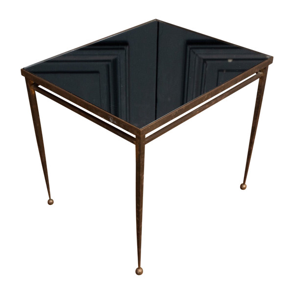 Beistelltisch am Ende des Sofas, 1960, goldfarbene Metall-Kugelfüße aus Rauchglas