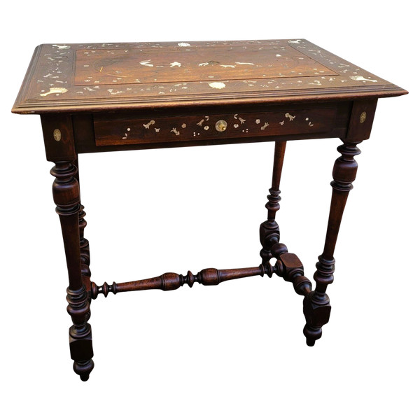 Small Oak and Walnut Table with Inlays, France 19th Century