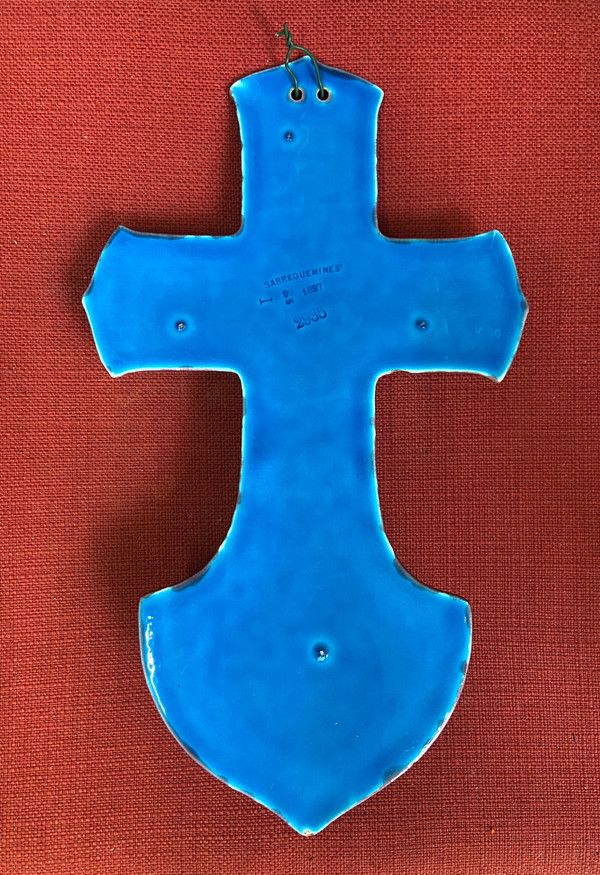 Holy water font made of Sarreguemines earthenware