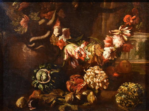 Aniello Ascione (naples,  C. 1680 - 1708), Still Life With Festoon Of Flowers And Fruit