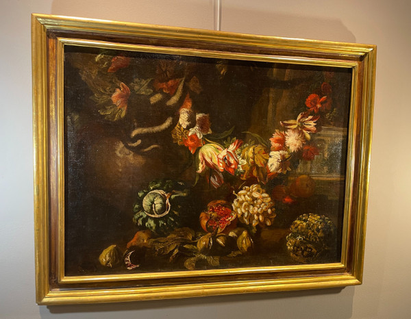 Aniello Ascione (naples,  C. 1680 - 1708), Still Life With Festoon Of Flowers And Fruit