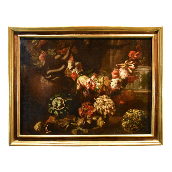 Aniello Ascione (naples,  C. 1680 - 1708), Still Life With Festoon Of Flowers And Fruit