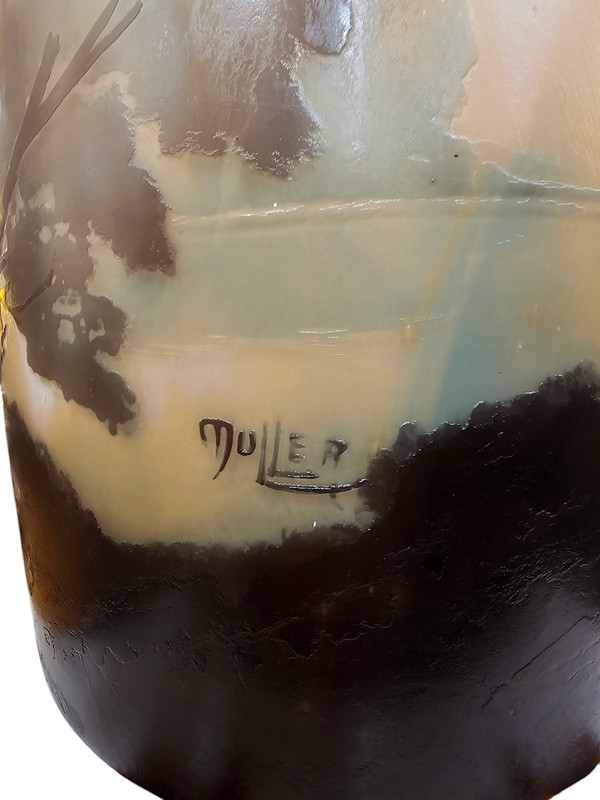 Muller Frères Große Jugendstil-Vase "Seelandschaft mit Musikerinnen".
