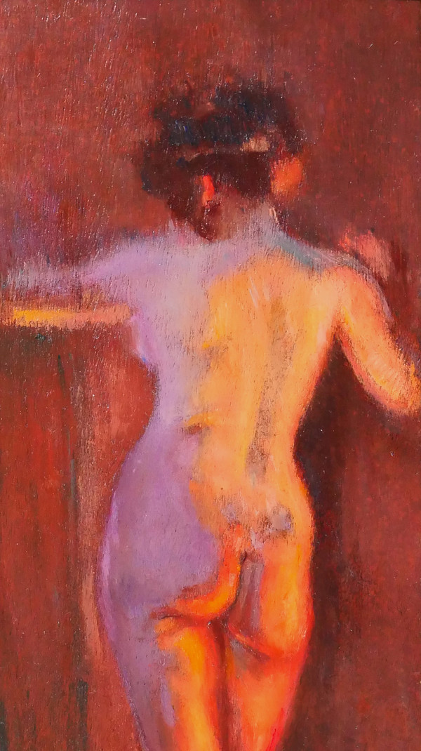 Emile Tremblay 1855-1935 Nude Woman, mauve and orange effect, painting, circa 1900