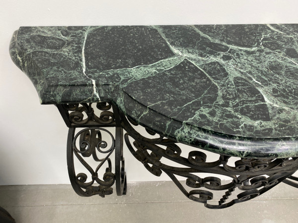 Consolle Art Déco in ferro battuto verde marmo alpino