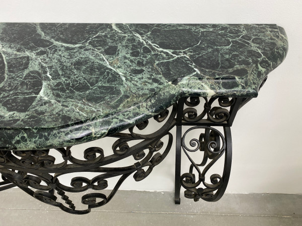 Consolle Art Déco in ferro battuto verde marmo alpino