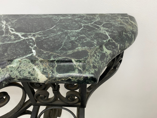 Consolle Art Déco in ferro battuto verde marmo alpino