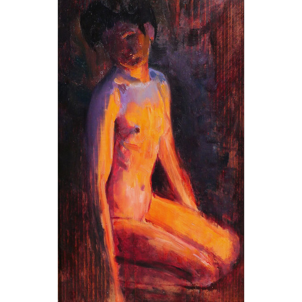 Emile Tremblay 1855-1935 Seated Nude Woman, mauve and orange effect, painting, circa 1900