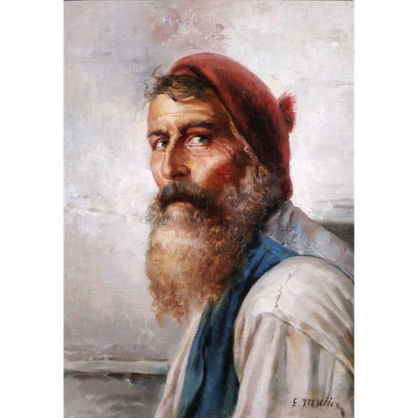 E. MULLER, 19-20. Jahrhundert, Porträt eines bärtigen Mannes, Fischer, Gemälde um 1900