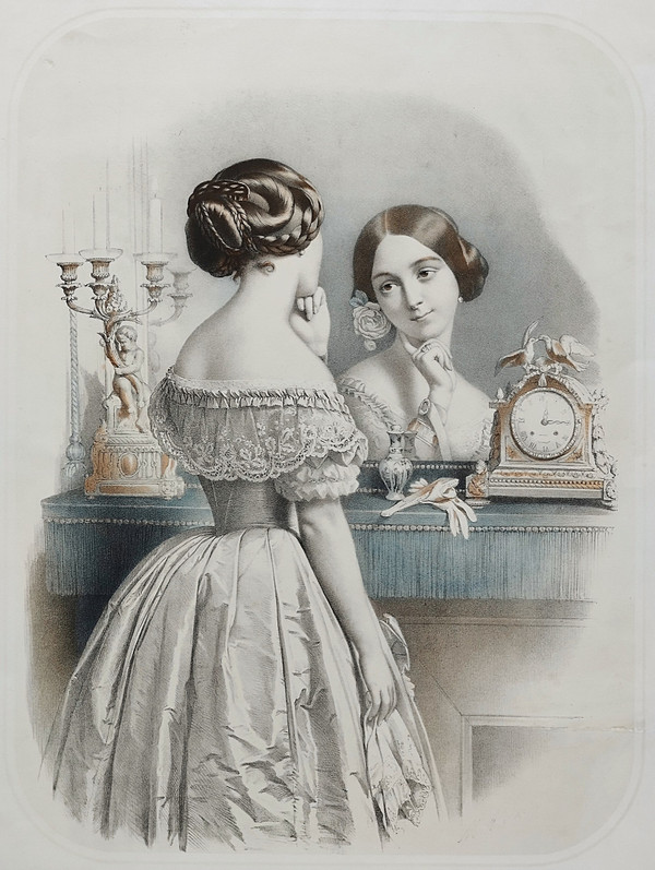 Portrait Femme Au Miroir Lithographie Finement Aquarellée  XIXème