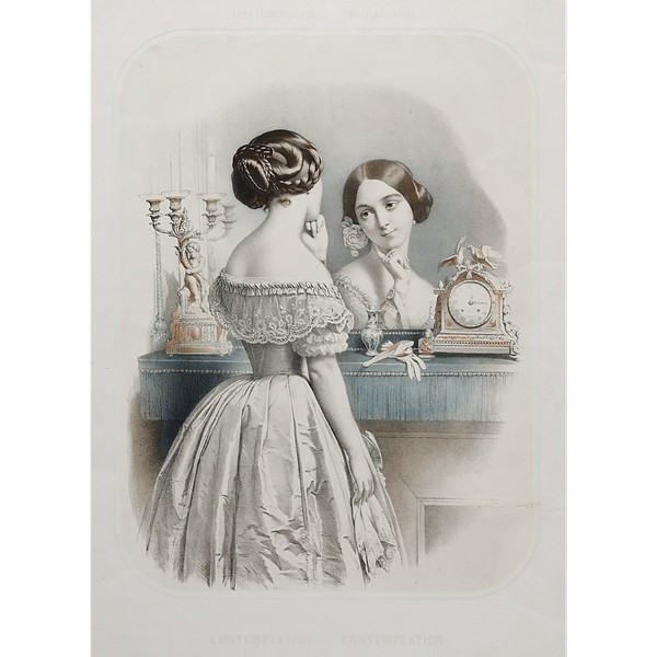 Portrait Femme Au Miroir Lithographie Finement Aquarellée  XIXème