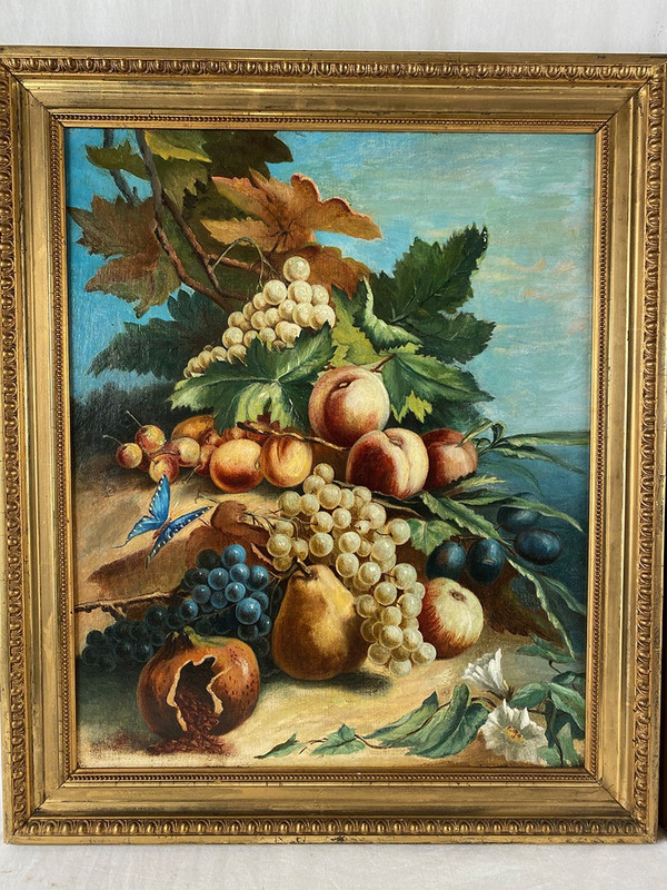 Pair of still lifes with flowers, fruit, butterflies and birds, framed oil on canvas
