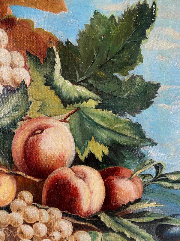 Pair of still lifes with flowers, fruit, butterflies and birds, framed oil on canvas