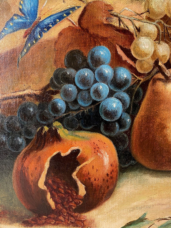 Pair of still lifes with flowers, fruit, butterflies and birds, framed oil on canvas