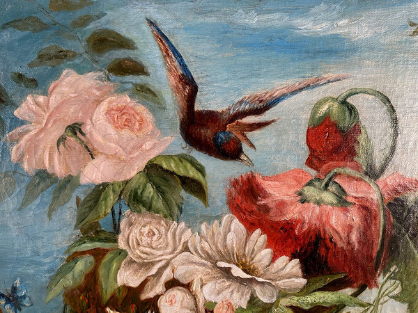 Pair of still lifes with flowers, fruit, butterflies and birds, framed oil on canvas
