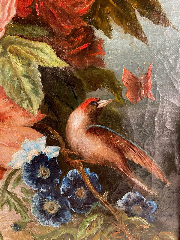 Pair of still lifes with flowers, fruit, butterflies and birds, framed oil on canvas