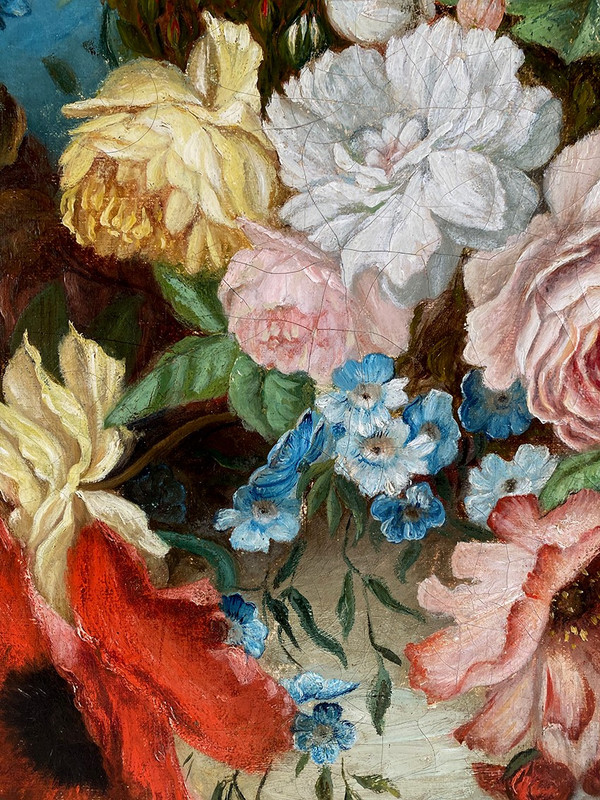 Pair of still lifes with flowers, fruit, butterflies and birds, framed oil on canvas