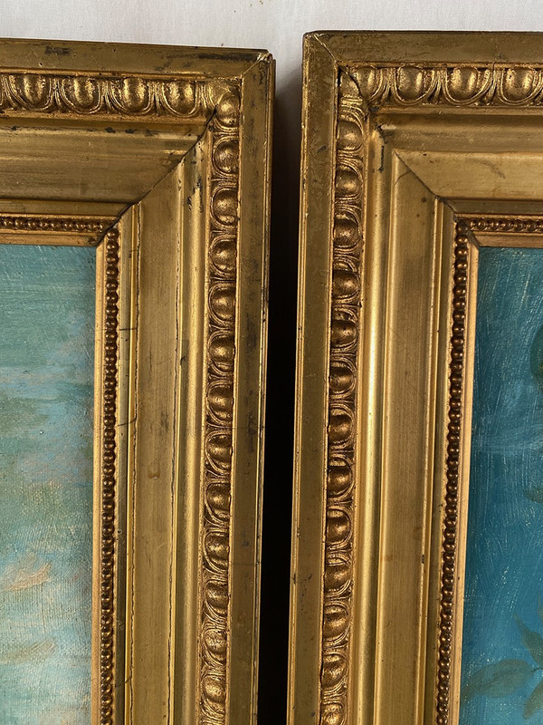 Pair of still lifes with flowers, fruit, butterflies and birds, framed oil on canvas