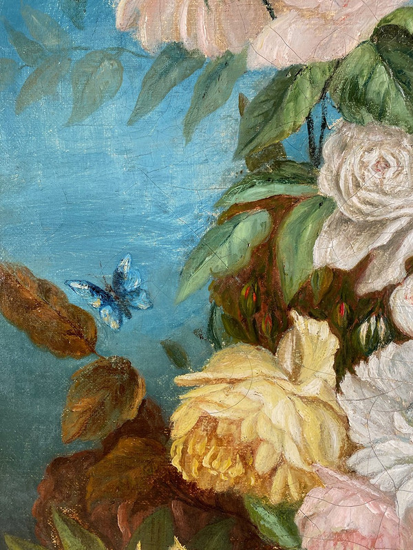 Pair of still lifes with flowers, fruit, butterflies and birds, framed oil on canvas