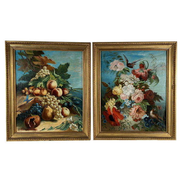 Pair of still lifes with flowers, fruit, butterflies and birds, framed oil on canvas
