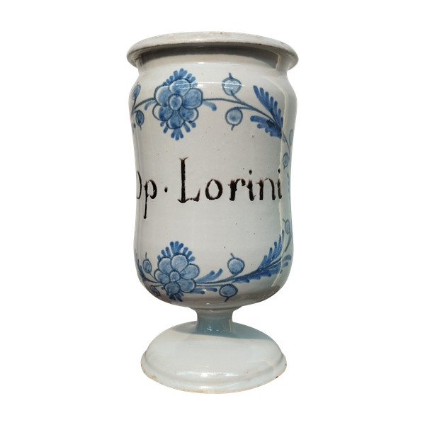 Pharmacy jar " OP . LORINI" in earthenware late 18th century Italy