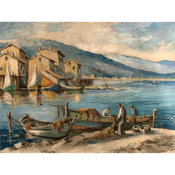 Martigues, signiert Jodeph Guenard, um 1950/60, Provenzalische Landschaft, Mittelmeer.