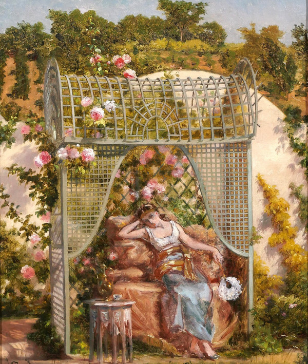 Ennemond COLLIGNON 1822-1890 Femme orientale aux roses dans son jardin, fleurs, tableau, 1887