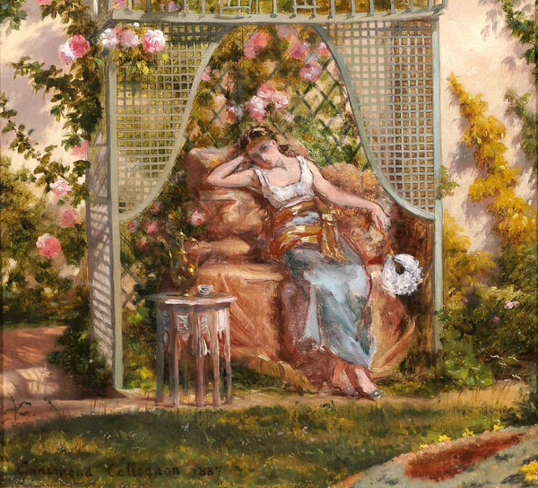 Ennemond COLLIGNON 1822-1890 Femme orientale aux roses dans son jardin, fleurs, tableau, 1887