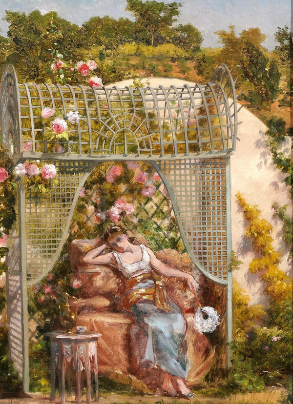 Ennemond COLLIGNON 1822-1890 Femme orientale aux roses dans son jardin, fleurs, tableau, 1887
