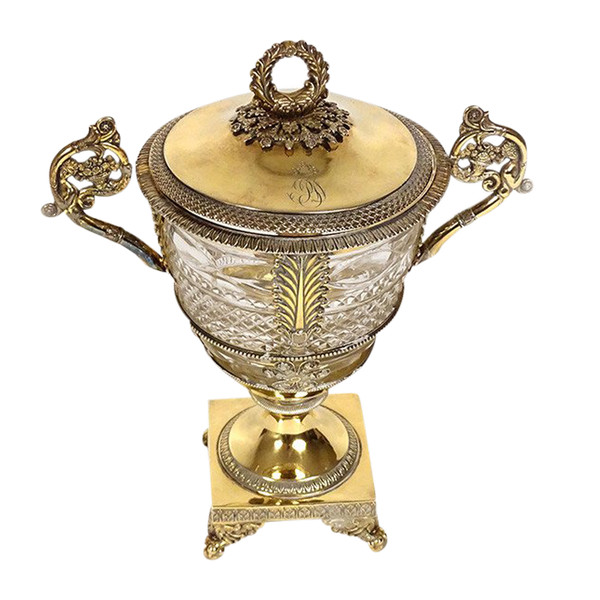 Zuccheriera Restauro argento vermeil Vecchio uomo palmette fiori cristallo XIX secolo