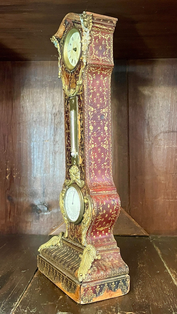 Orologio da tavolo, termometro e barometro, pelle goffrata e dorata, XIX secolo