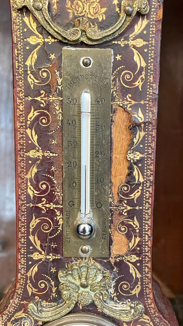 Orologio da tavolo, termometro e barometro, pelle goffrata e dorata, XIX secolo