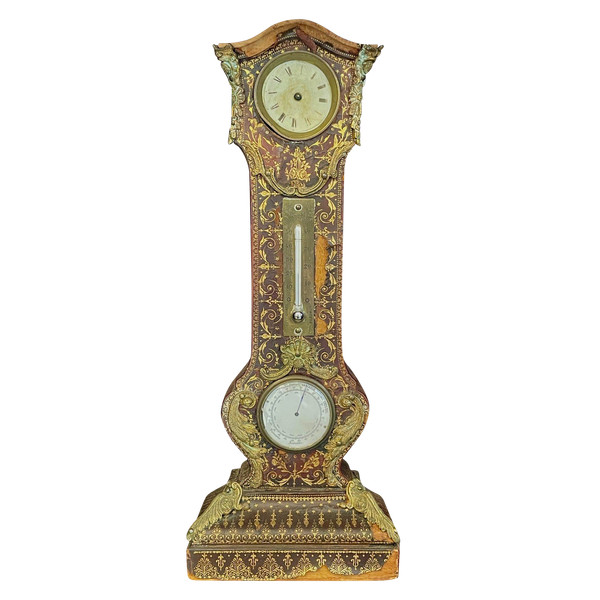 Orologio da tavolo, termometro e barometro, pelle goffrata e dorata, XIX secolo