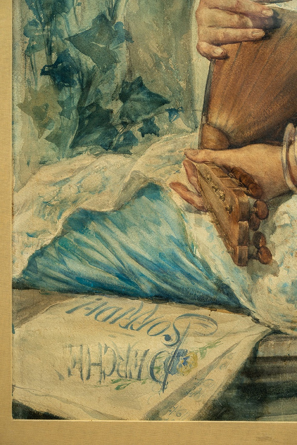 Antique watercolor depicting a woman with a mandolin. Naples 19th century.