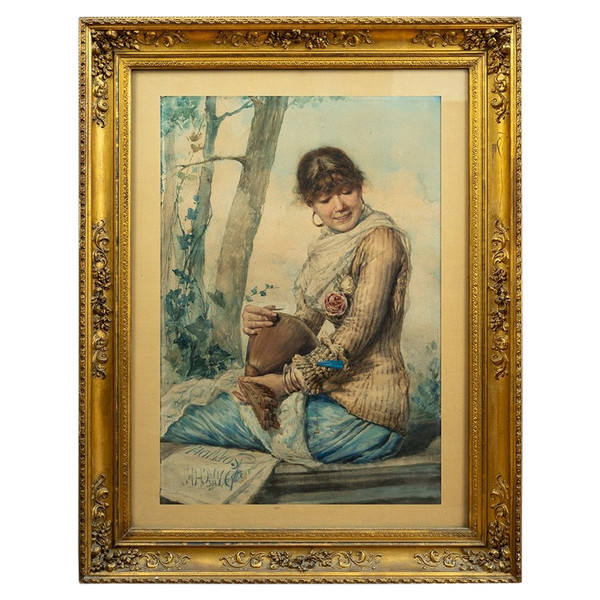 Antique watercolor depicting a woman with a mandolin. Naples 19th century.