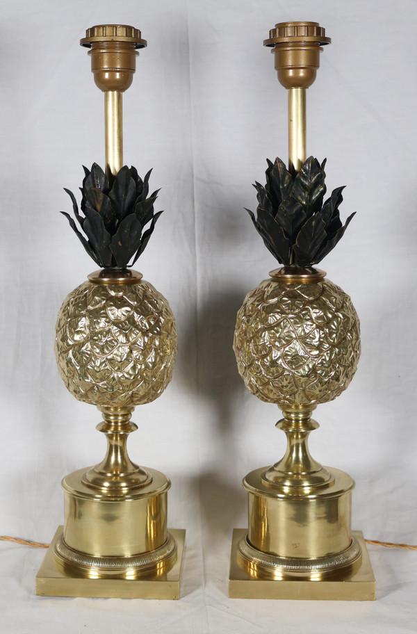 Paire de lampes ananas en bronze doré années 70 