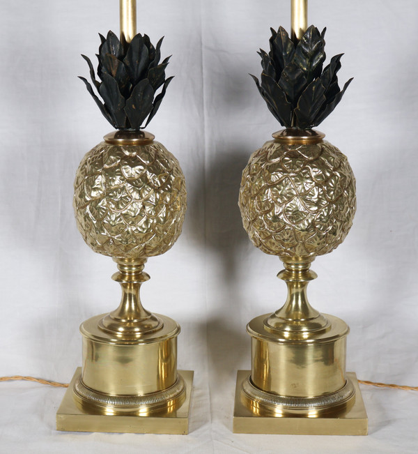 Paire de lampes ananas en bronze doré années 70 
