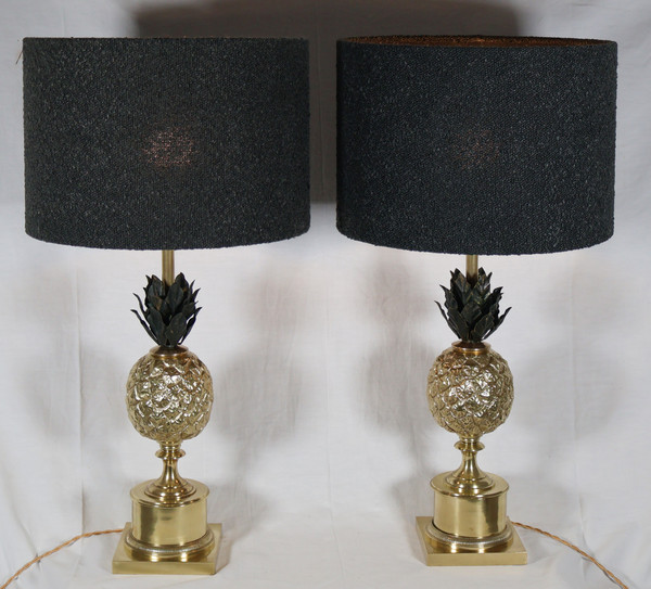 Paire de lampes ananas en bronze doré années 70 